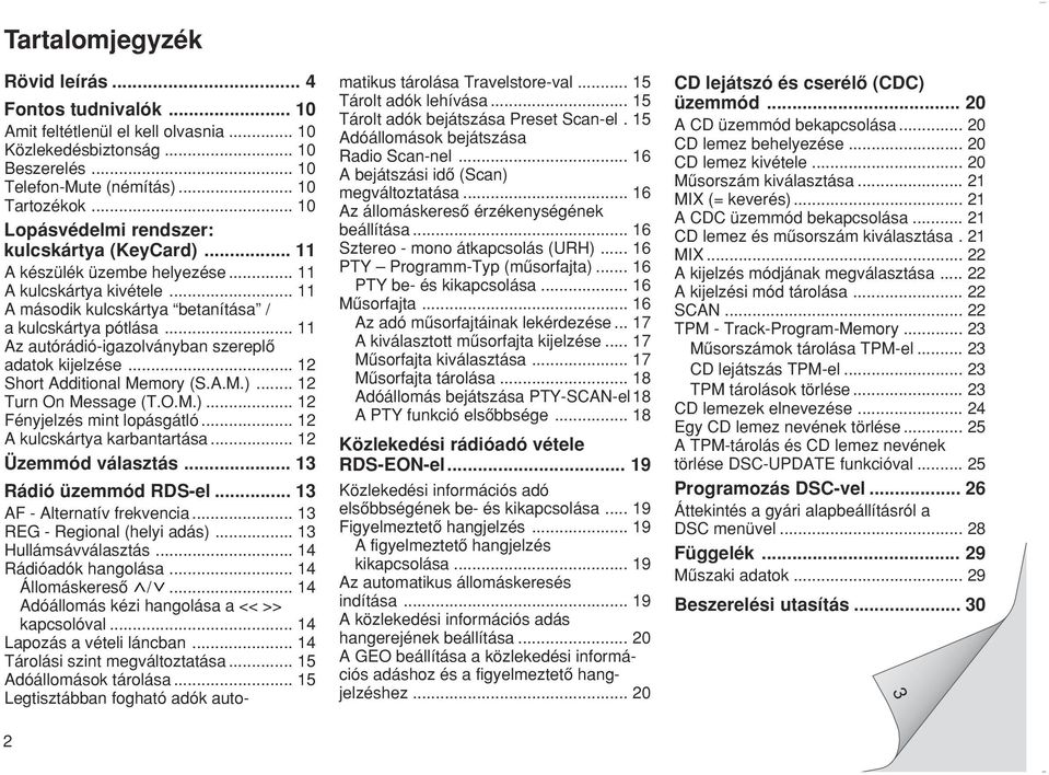 .. 11 Az autórádió-igazolványban szereplœ adatok kijelzése... 12 Sho Additional Memory (S.A.M.)... 12 Turn On Message (T.O.M.)... 12 Fényjelzés mint lopásgátló... 12 A kulcskáya karbantaása.