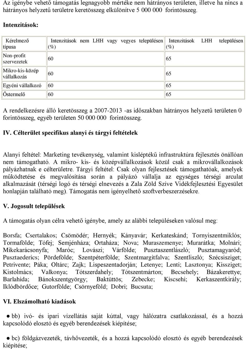 településen (%) A rendelkezésre álló keretösszeg a 2007-2013 -as időszakban területen 0 forintösszeg, egyéb területen 0 000 000 forintösszeg. IV.