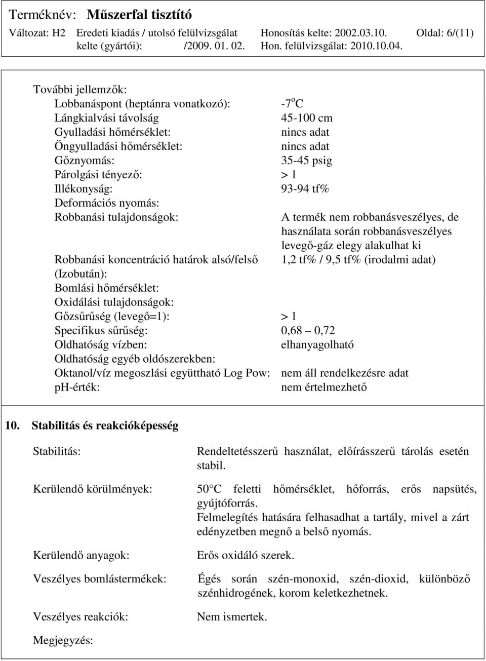 Robbanási koncentráció határok alsó/felsı 1,2 tf% / 9,5 tf% (irodalmi adat) (Izobután): Bomlási hımérséklet: Oxidálási tulajdonságok: Gızsőrőség (levegı=1): > 1 Specifikus sőrőség: 0,68 0,72