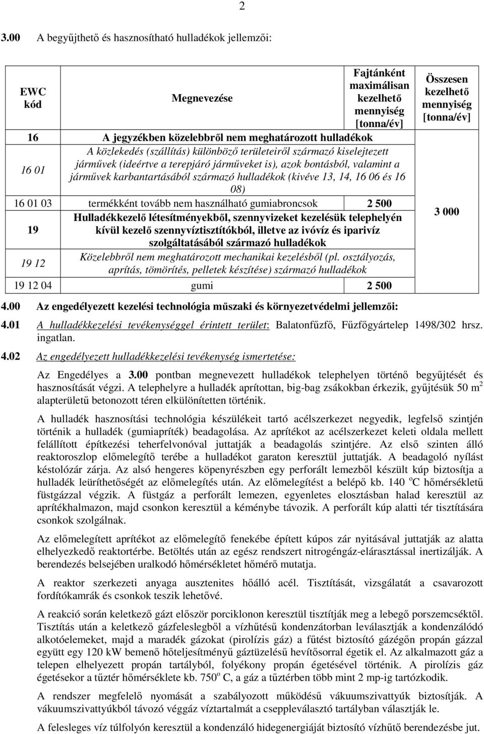 02 Az engedélyezett hulladékkezelési tevékenység ismertetése: Fajtánként maximálisan kezelhetı mennyiség [tonna/év] 16 A jegyzékben közelebbrıl nem meghatározott hulladékok A közlekedés (szállítás)