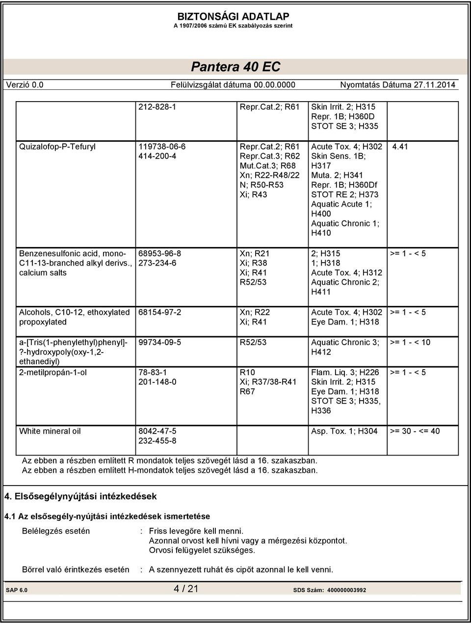 , calcium salts 68953-96-8 273-234-6 Xn; R21 Xi; R38 Xi; R41 R52/53 2; H315 1; H318 Acute Tox.