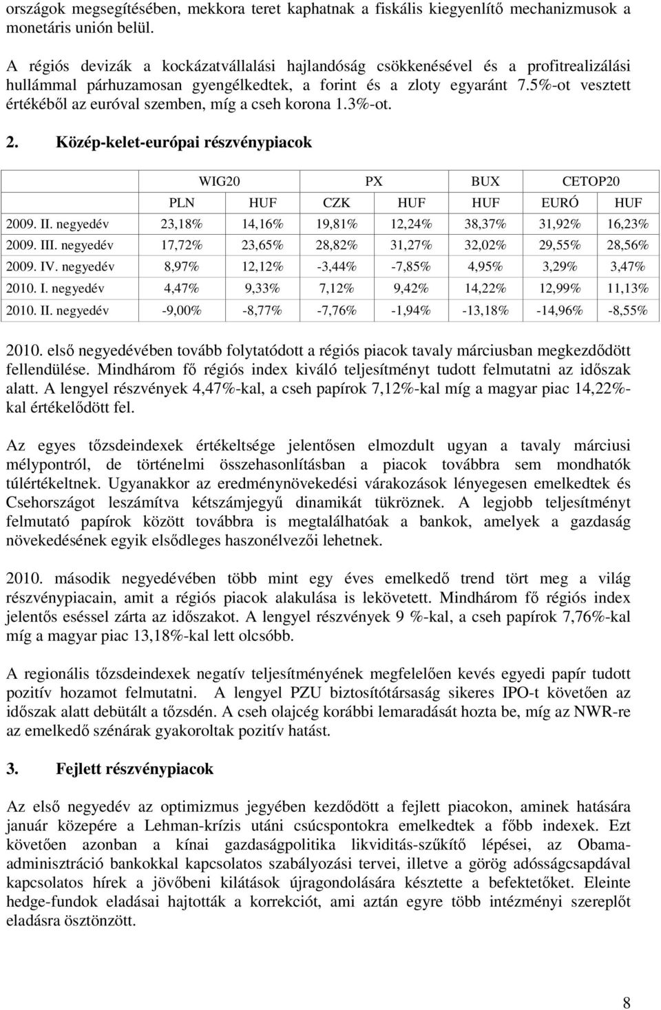 5%-ot vesztett értékéből az euróval szemben, míg a cseh korona 1.3%-ot. 2. Közép-kelet-európai részvénypiacok WIG20 PX BUX CETOP20 PLN HUF CZK HUF HUF EURÓ HUF 2009. II.