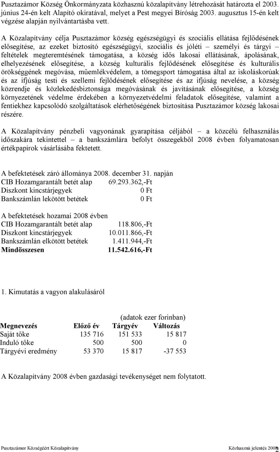 A Közalapítvány célja Pusztazámor község egészségügyi és szociális ellátása fejlődésének elősegítése, az ezeket biztosító egészségügyi, szociális és jóléti személyi és tárgyi feltételek