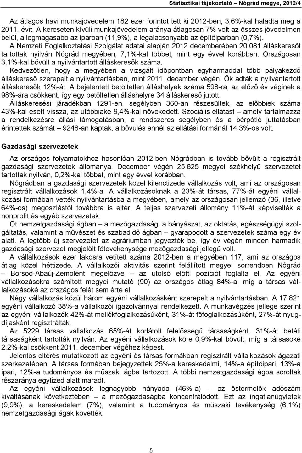 A Nemzeti Foglalkoztatási Szolgálat adatai alapján 2012 decemberében 20 081 álláskeresőt tartottak nyilván Nógrád megyében, 7,1%-kal többet, mint egy évvel korábban.