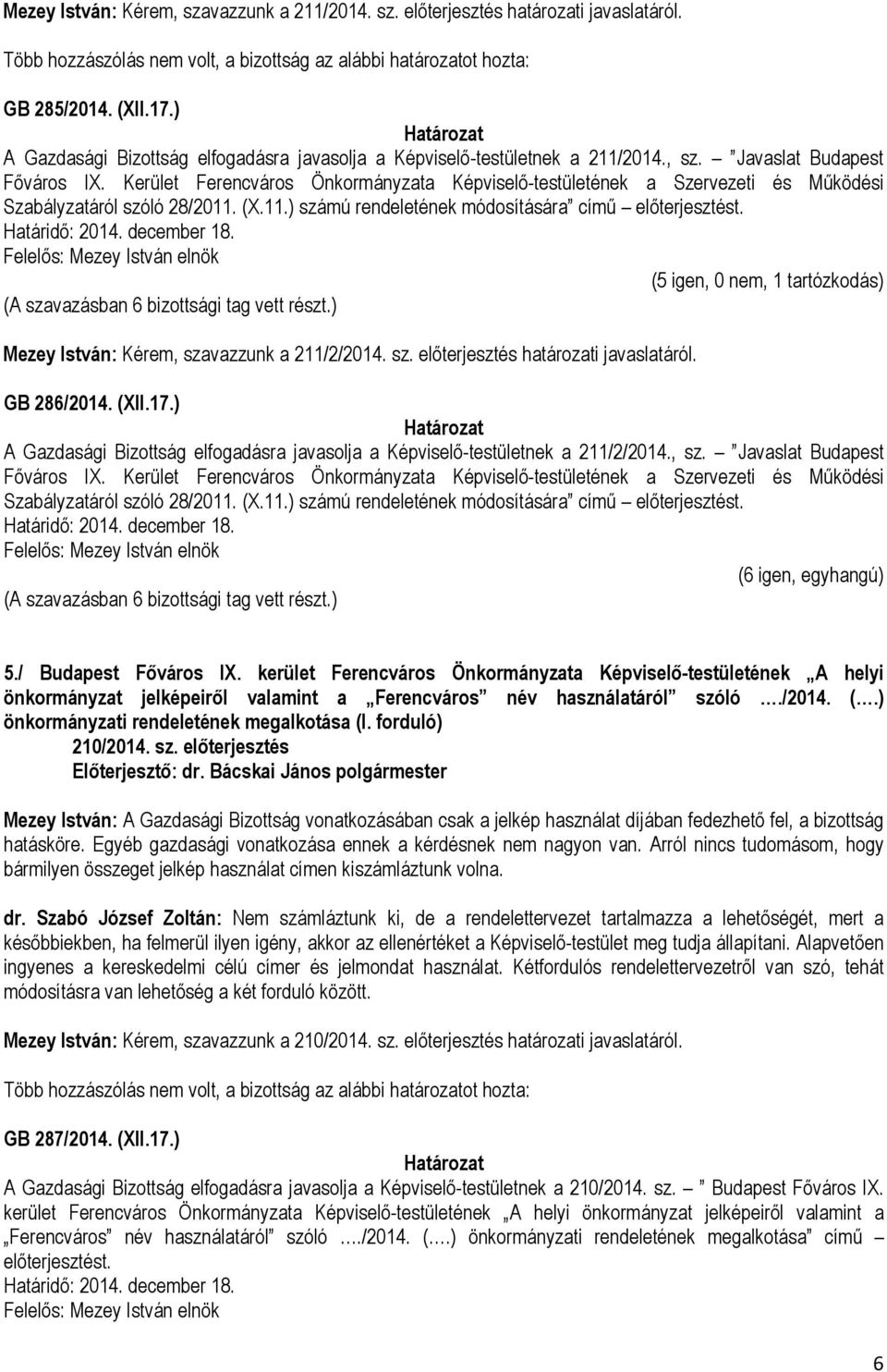 (5 igen, 0 nem, 1 tartózkodás) Mezey István: Kérem, szavazzunk a 211/2/2014. sz. előterjesztés határozati javaslatáról. GB 286/2014. (XII.17.