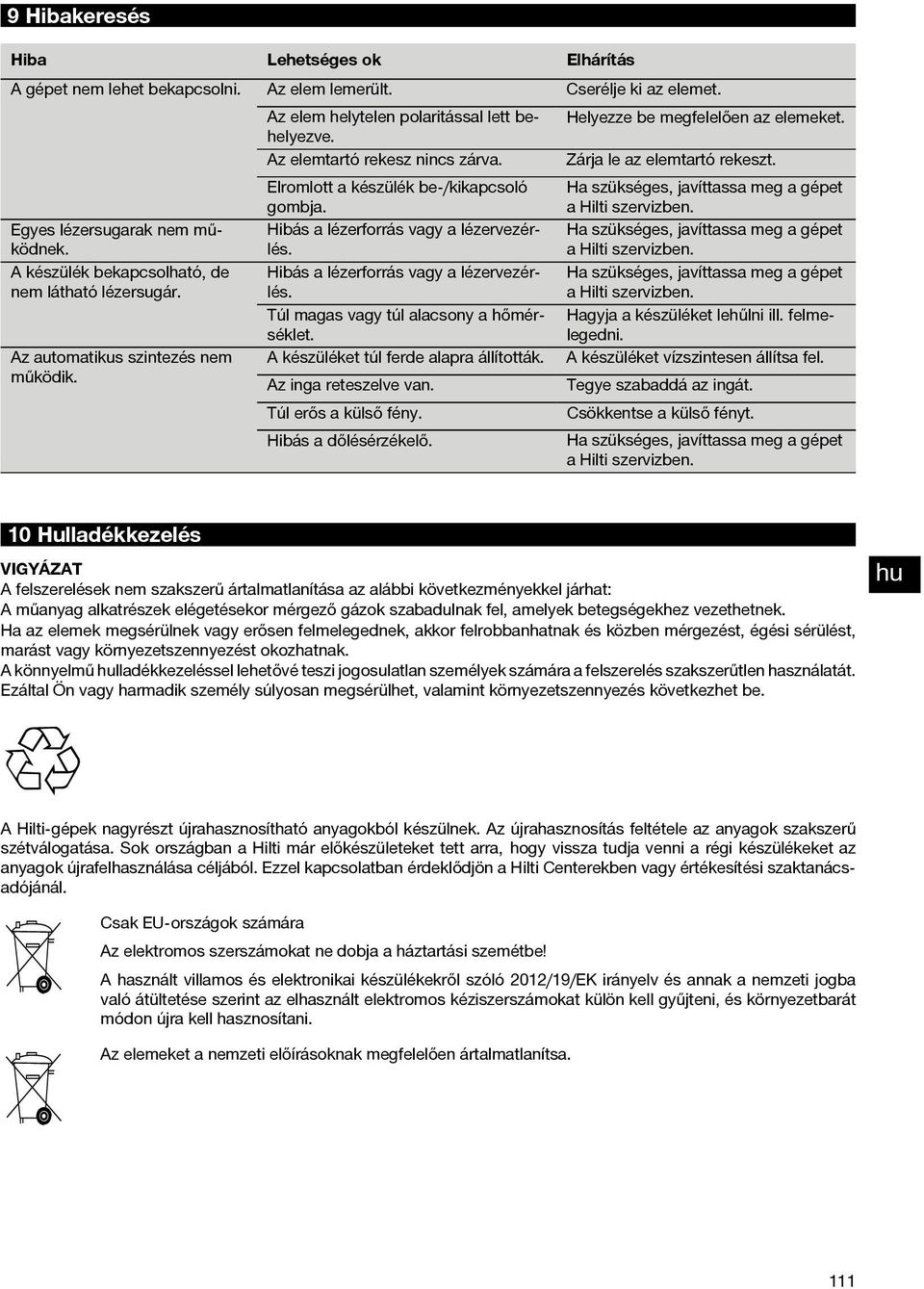 Hibásalézerforrásvagyalézervezérlés. Ha szükséges, javíttassa meg a gépet a Hilti szervizben. A készülék bekapcsolható, de nem látható lézersugár. Hibásalézerforrásvagyalézervezérlés.
