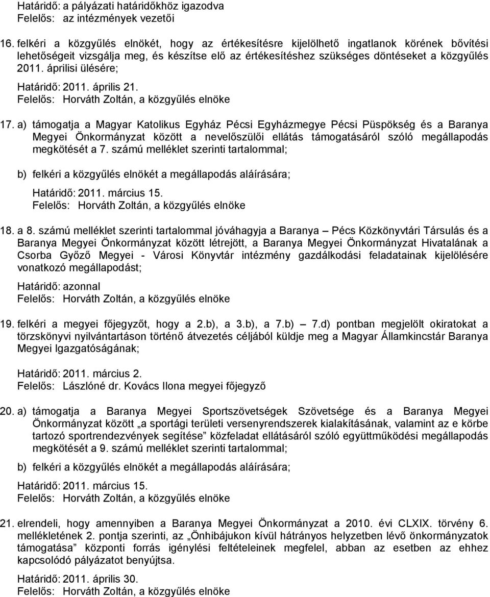 áprilisi ülésére; Határidő: 2011. április 21. Felelős: Horváth Zoltán, a közgyűlés elnöke 17.