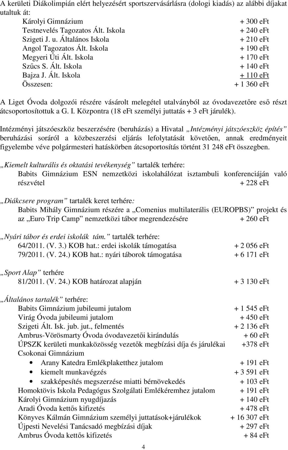 I. Központra (18 eft személyi juttatás + 3 eft járulék).