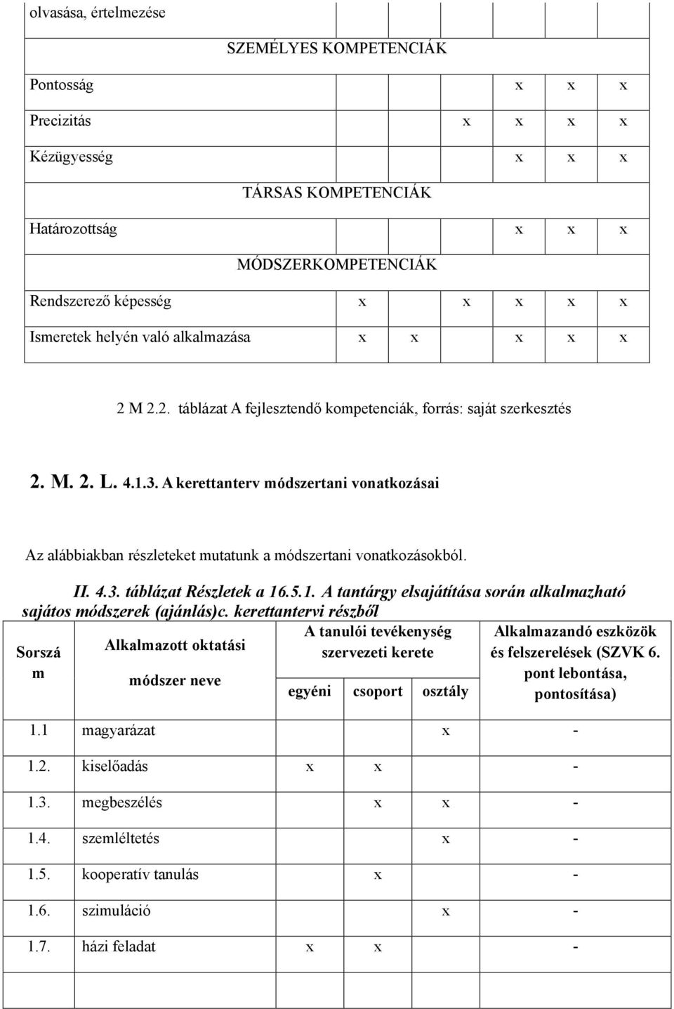 A kerettanterv módszertani vonatkozásai Az alábbiakban részleteket mutatunk a módszertani vonatkozásokból. II. 4.3. táblázat Részletek a 16