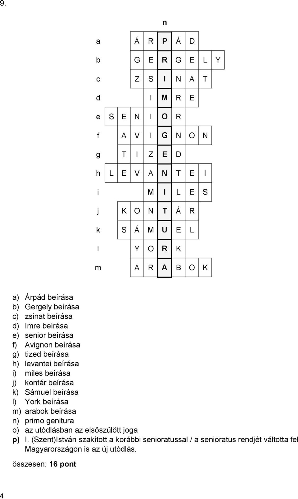 h) levantei beírása i) miles beírása j) kontár beírása k) Sámuel beírása l) York beírása m) arabok beírása n) primo genitura o) az utódlásban az