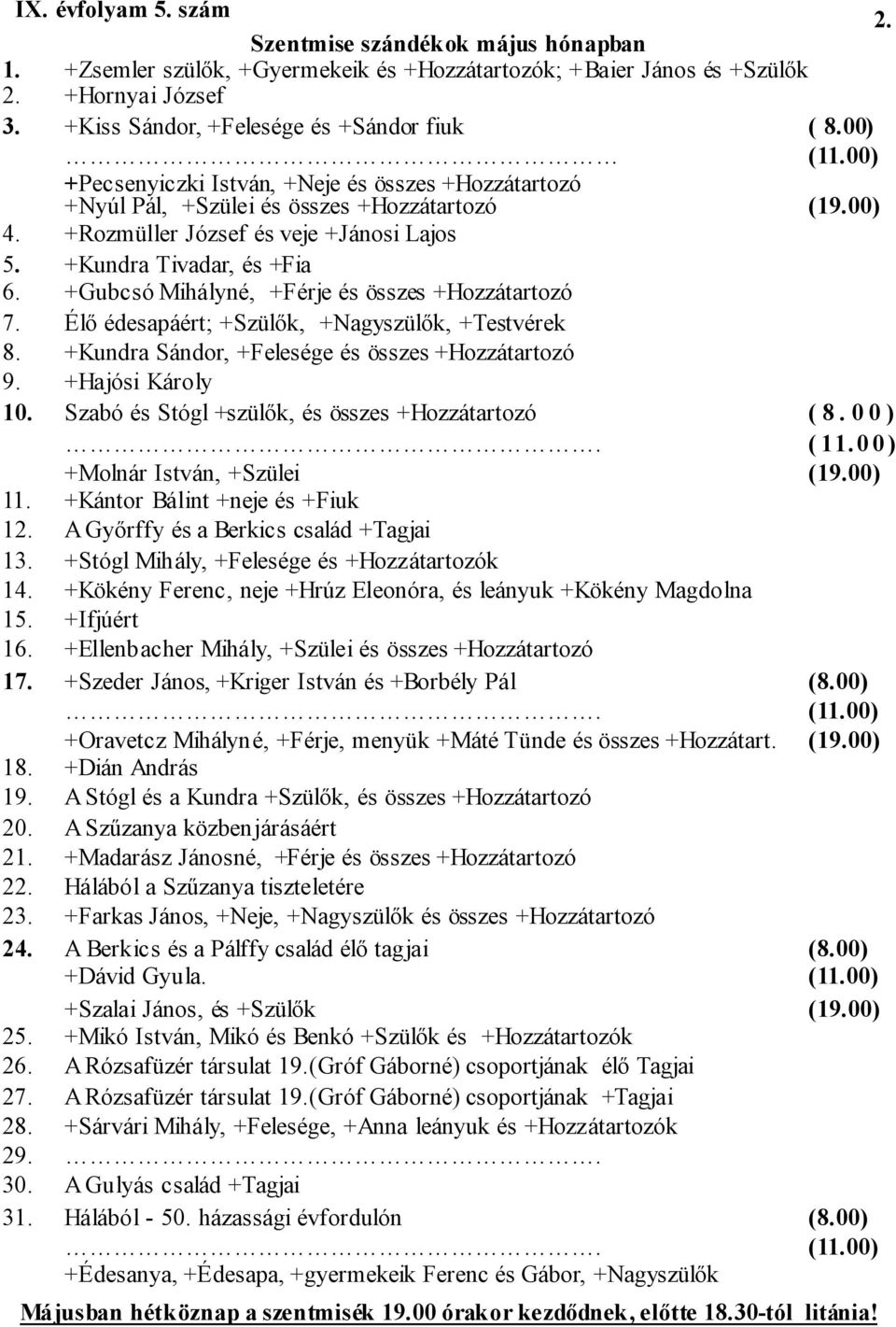 +Gubcsó Mihályné, +Férje és összes +Hozzátartozó 7. Élı édesapáért; +Szülık, +Nagyszülık, +Testvérek 8. +Kundra Sándor, +Felesége és összes +Hozzátartozó 9. +Hajósi Károly 10.