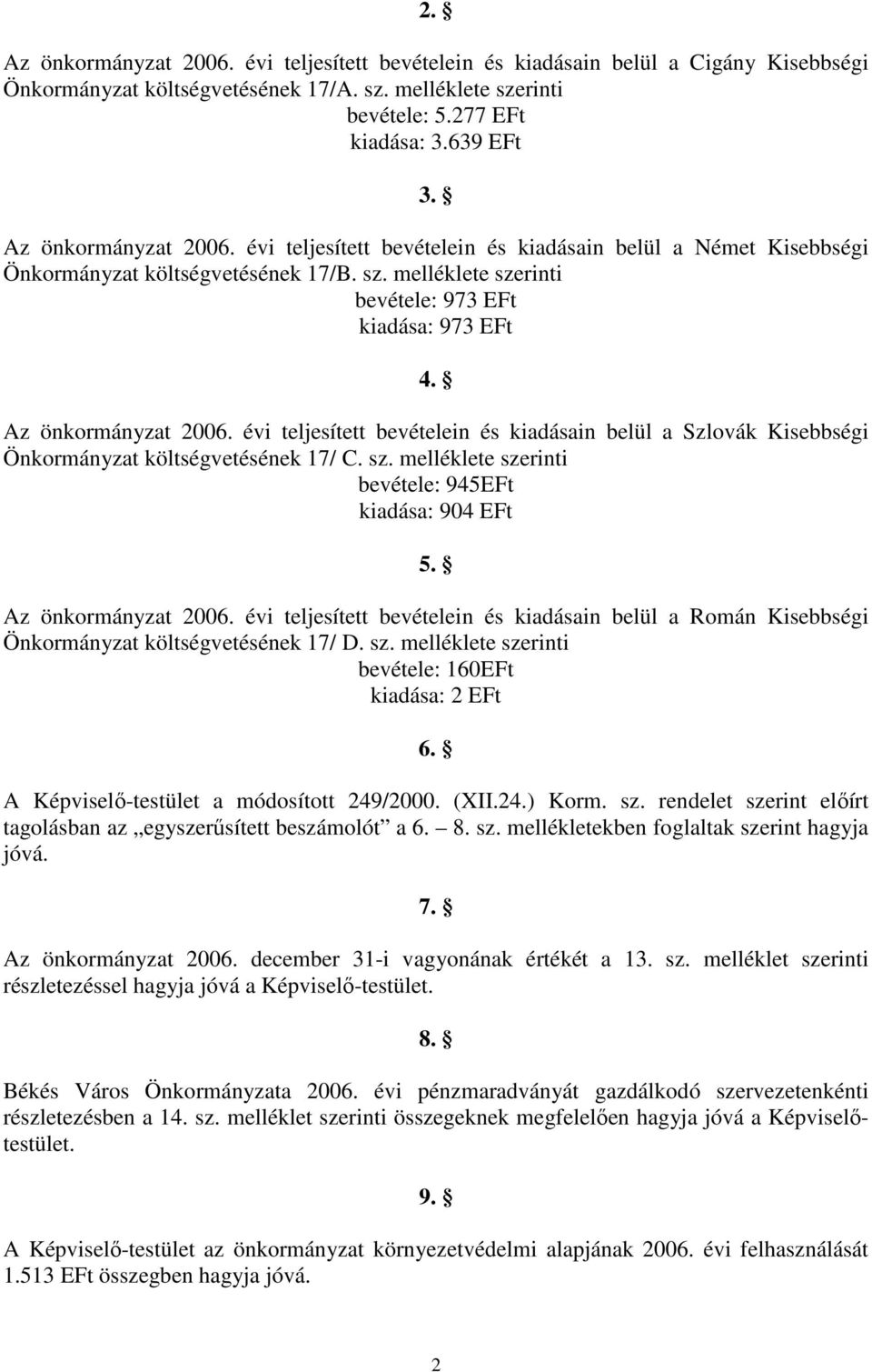 Az önkormányzat 2006. évi teljesített bevételein és kiadásain belül a Szlovák Kisebbségi Önkormányzat költségvetésének 17/ C. sz. melléklete szerinti bevétele: 945EFt kiadása: 904 EFt 5.