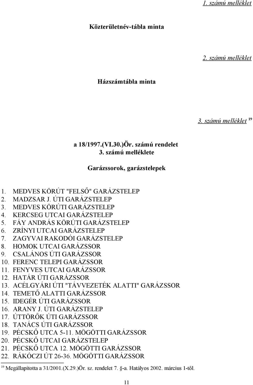 ZAGYVAI RAKODÓI GARÁZSTELEP 8. HOMOK UTCAI GARÁZSSOR 9. CSALÁNOS ÚTI GARÁZSSOR 10. FERENC TELEPI GARÁZSSOR 11. FENYVES UTCAI GARÁZSSOR 12. HATÁR ÚTI GARÁZSSOR 13.