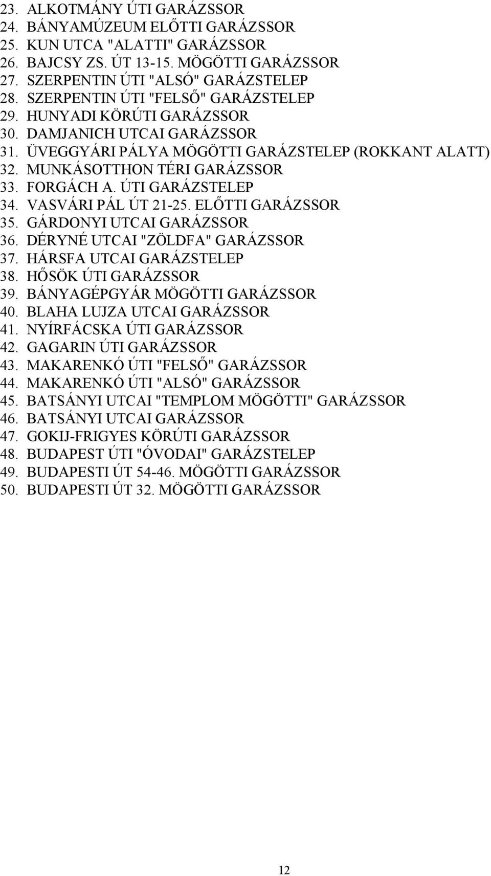 ÚTI GARÁZSTELEP 34. VASVÁRI PÁL ÚT 21-25. ELŐTTI GARÁZSSOR 35. GÁRDONYI UTCAI GARÁZSSOR 36. DÉRYNÉ UTCAI "ZÖLDFA" GARÁZSSOR 37. HÁRSFA UTCAI GARÁZSTELEP 38. HŐSÖK ÚTI GARÁZSSOR 39.