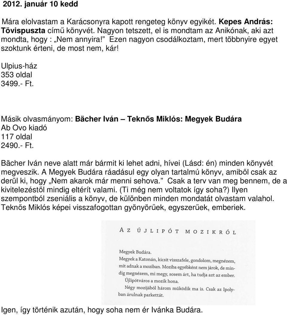 Másik olvasmányom: Bächer Iván Teknős Miklós: Megyek Budára Ab Ovo kiadó 117 oldal 2490.- Ft. Bächer Iván neve alatt már bármit ki lehet adni, hívei (Lásd: én) minden könyvét megveszik.