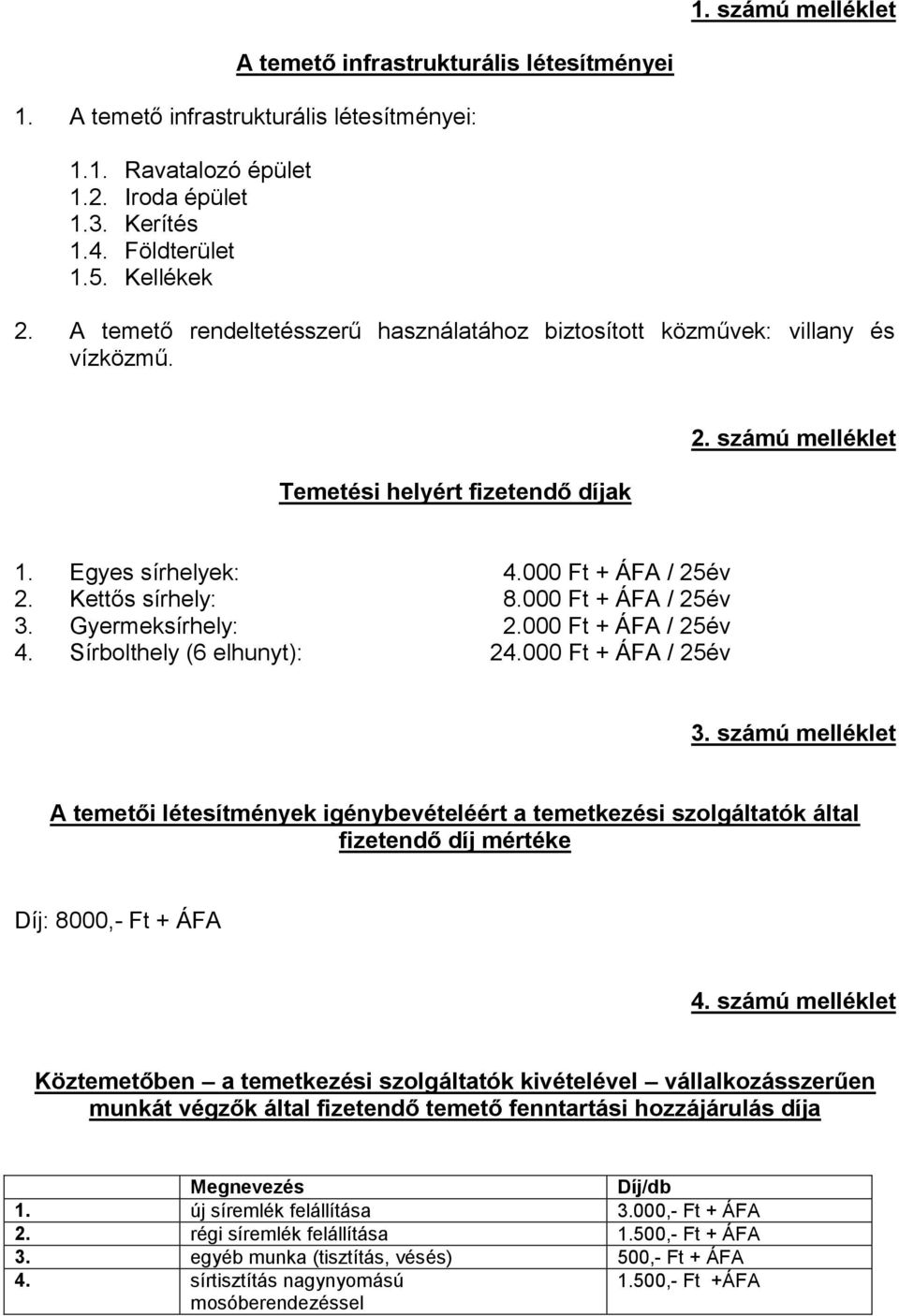 000 Ft + ÁFA / 25év 3. Gyermeksírhely: 2.000 Ft + ÁFA / 25év 4. Sírbolthely (6 elhunyt): 24.000 Ft + ÁFA / 25év 3. számú melléklet A temetői létesítmények igénybevételéért a temetkezési szolgáltatók által fizetendő díj mértéke Díj: 8000,- Ft + ÁFA 4.
