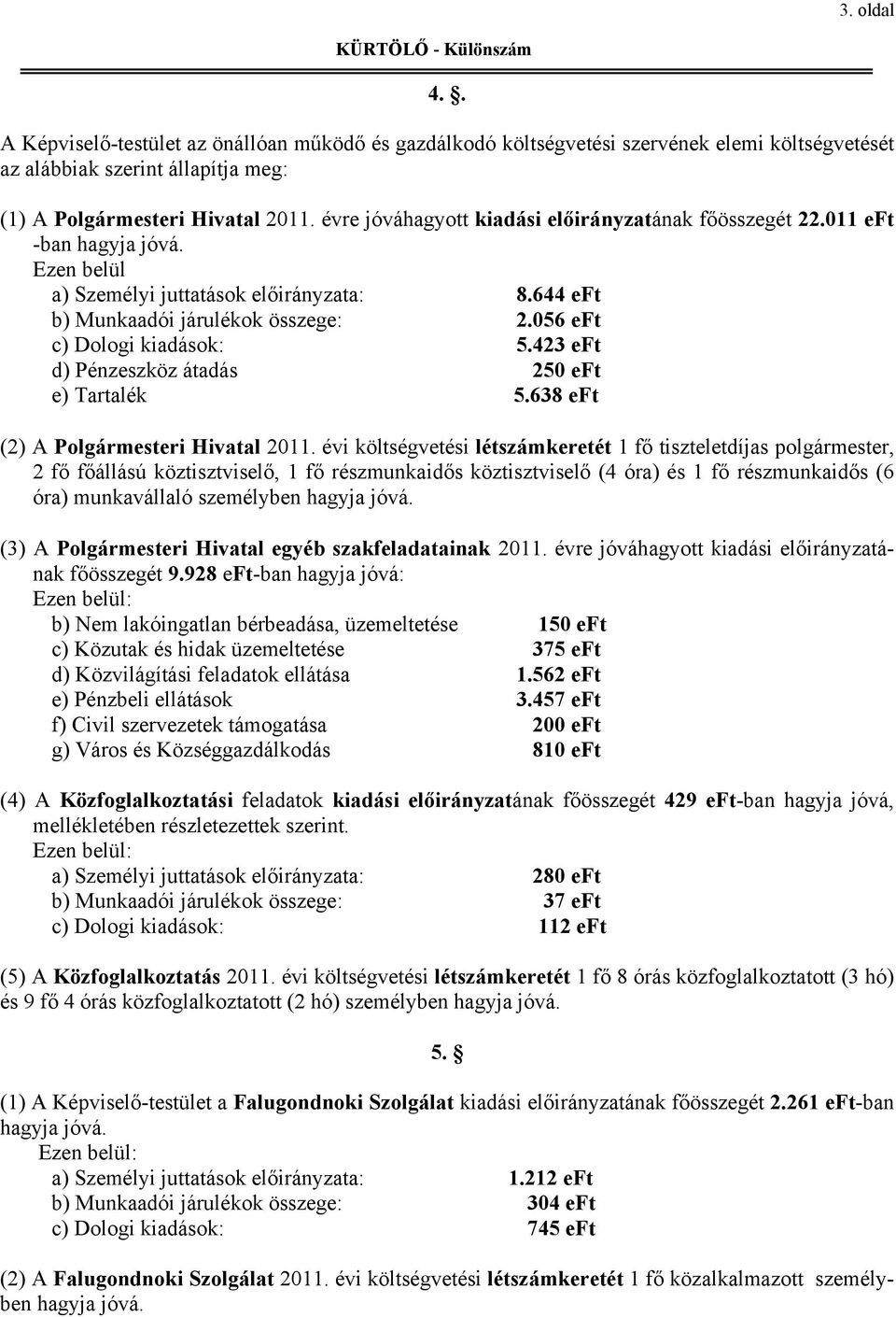 056 eft c) Dologi kiadások: 5.423 eft d) Pénzeszköz átadás 250 eft e) Tartalék 5.638 eft (2) A Polgármesteri Hivatal 2011.