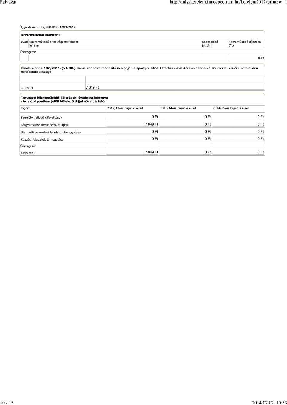 rendelet módosítása alapján a sportpolitikáért felelős minisztérium ellenőrző szervezet részére kötelezően fordítandó összeg: 2012/13 7 049 Ft Tervezett