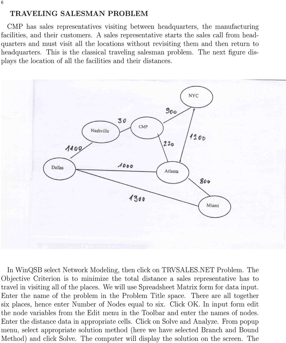 This is the classical traveling salesman problem. The next gure displays the location of all the facilities and their distances. In WinQSB select Network Modeling, then click on TRVSALES.NET Problem.