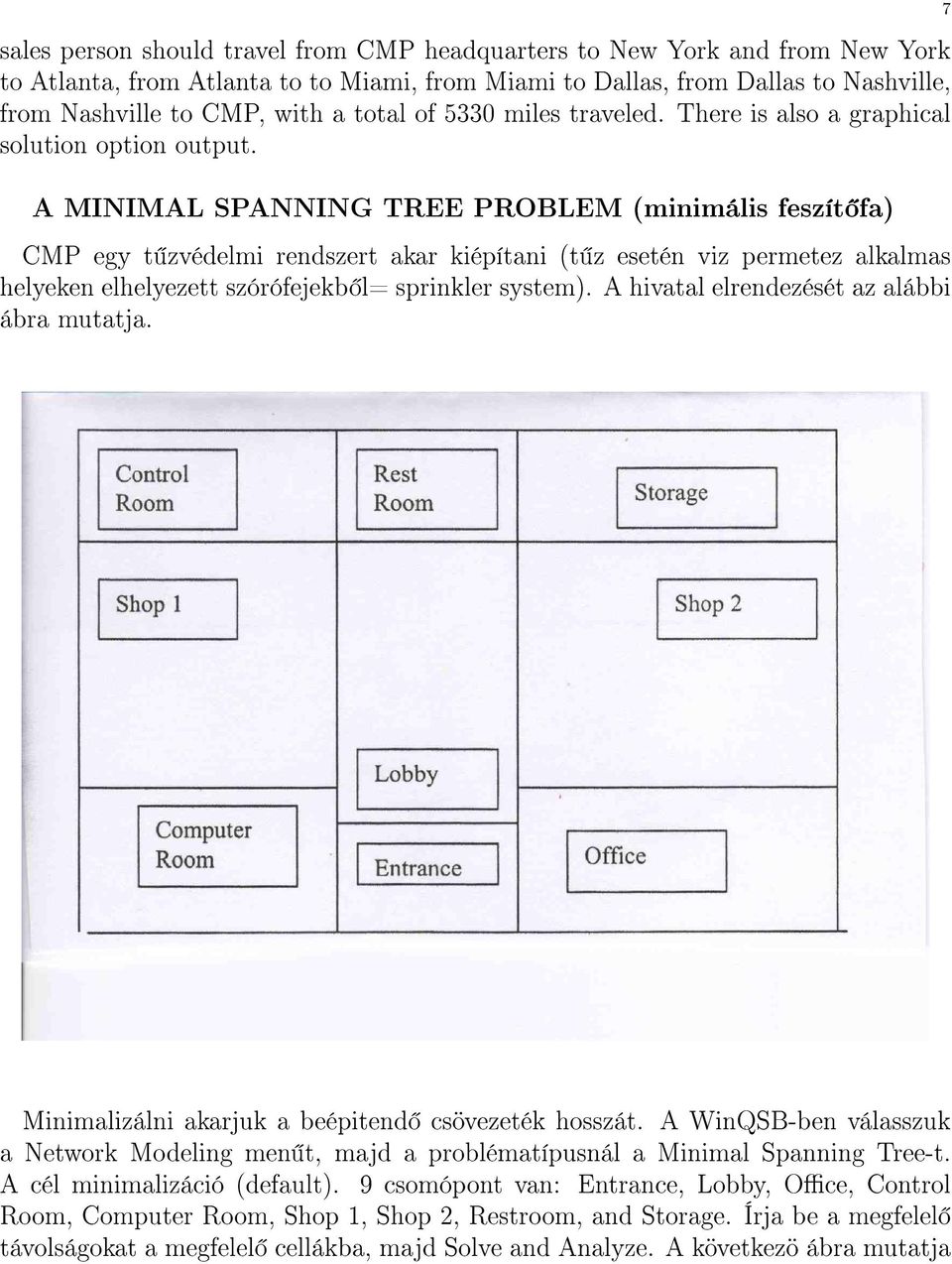 A MINIMAL SPANNING TREE PROBLEM (minimális feszít fa) CMP egy t zvédelmi rendszert akar kiépítani (t z esetén viz permetez alkalmas helyeken elhelyezett szórófejekb l= sprinkler system).