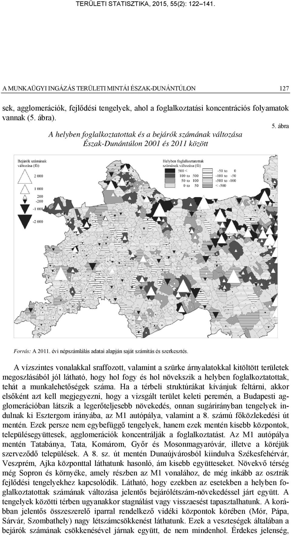 A vízszintes vonalakkal sraffozott, valamint a szürke árnyalatokkal kitöltött területek megoszlásából jól látható, hogy hol fogy és hol növekszik a helyben foglalkoztatottak, tehát a munkalehetőségek