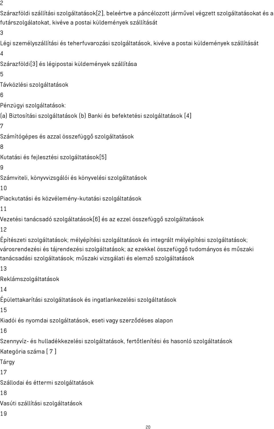 szolgáltatások (b) Banki és befektetési szolgáltatások [4] 7 Számítógépes és azzal összefüggő szolgáltatások 8 Kutatási és fejlesztési szolgáltatások[5] 9 Számviteli, könyvvizsgálói és könyvelési