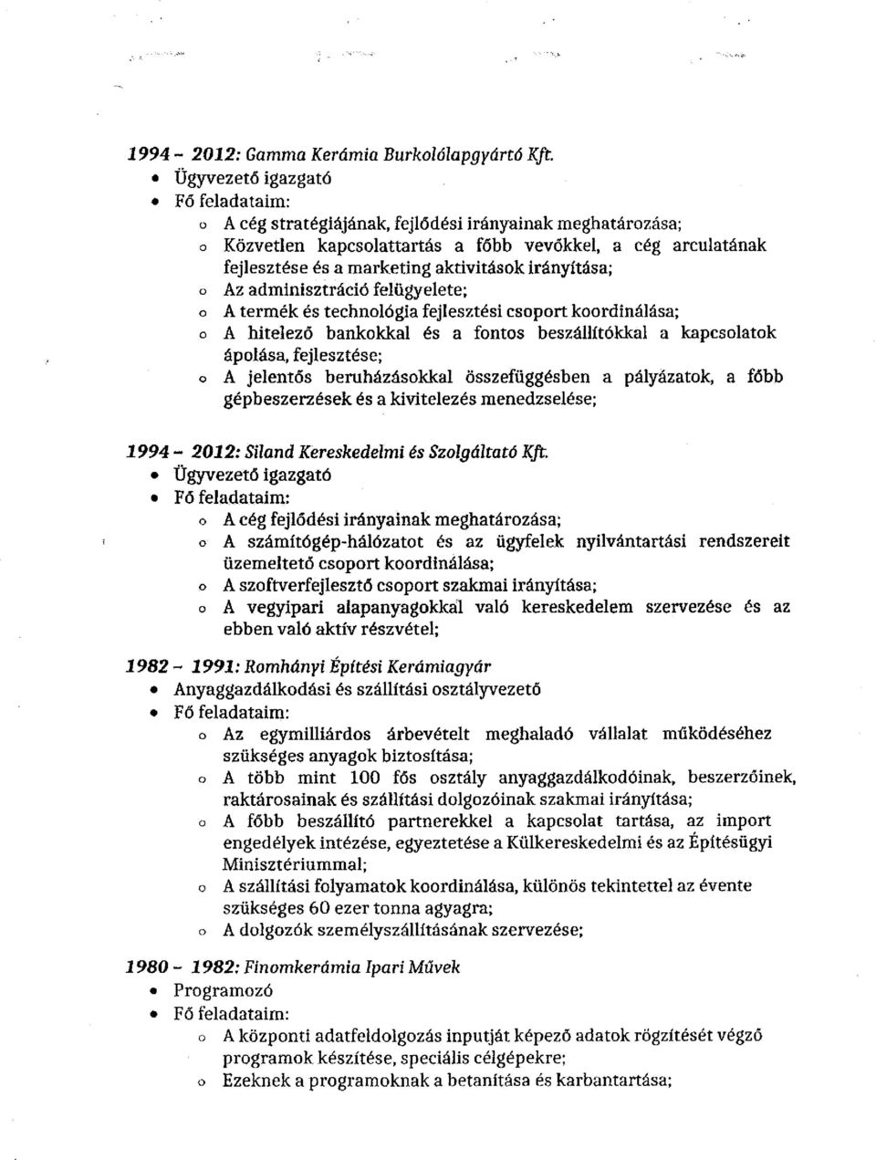 irányítása; o Az adminisztráció felügyelete; o A termék és technológia fejlesztési csoport koordinálása; o A hitelező bankokkal és a fontos beszállítókkal a kapcsolatok ápolása, fejlesztése; o A