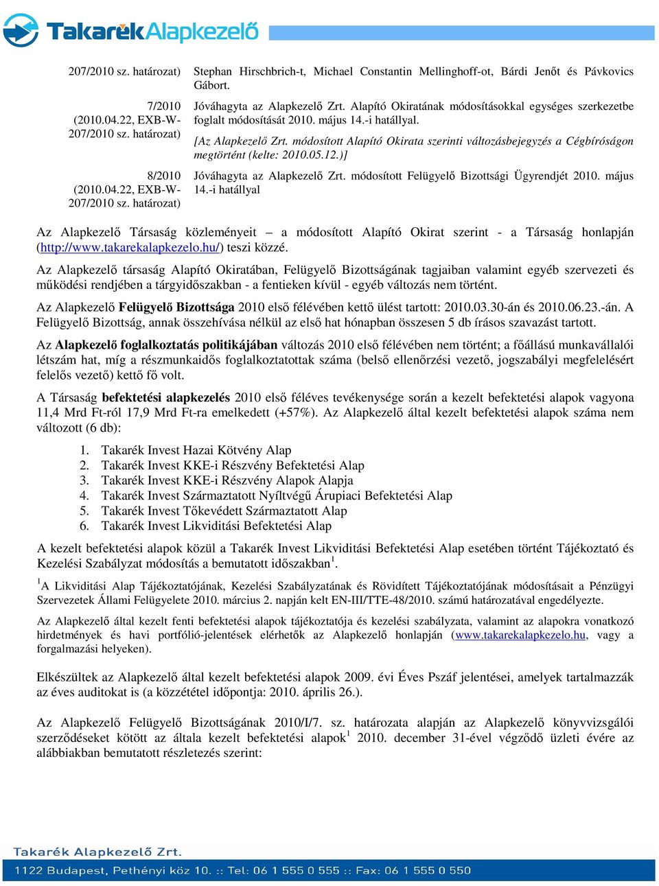 módosított Alapító Okirata szerinti változásbejegyzés a Cégbíróságon megtörtént (kelte: 2010.05.12.)] Jóváhagyta az Alapkezelő Zrt. módosított Felügyelő Bizottsági Ügyrendjét 2010. május 14.