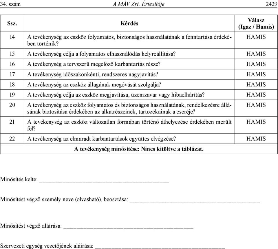 18 A tevékenység az eszköz állagának megóvását szolgálja? 19 A tevékenység célja az eszköz megjavítása, üzemzavar vagy hibaelhárítás?