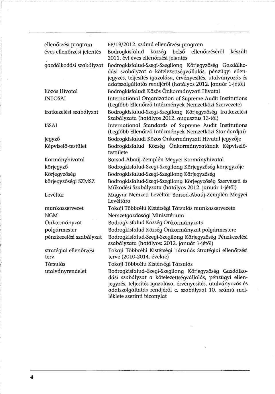 számú ellenőrzési program Bodrogkisfalud község belső ellenőrzéséről készült 2011.