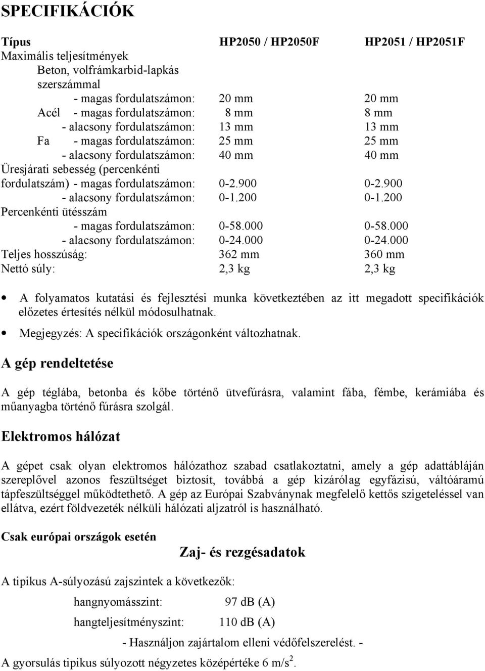 900 - alacsony fordulatszámon: 0-1.200 0-1.200 Percenkénti ütésszám - magas fordulatszámon: 0-58.000 0-58.000 - alacsony fordulatszámon: 0-24.000 0-24.