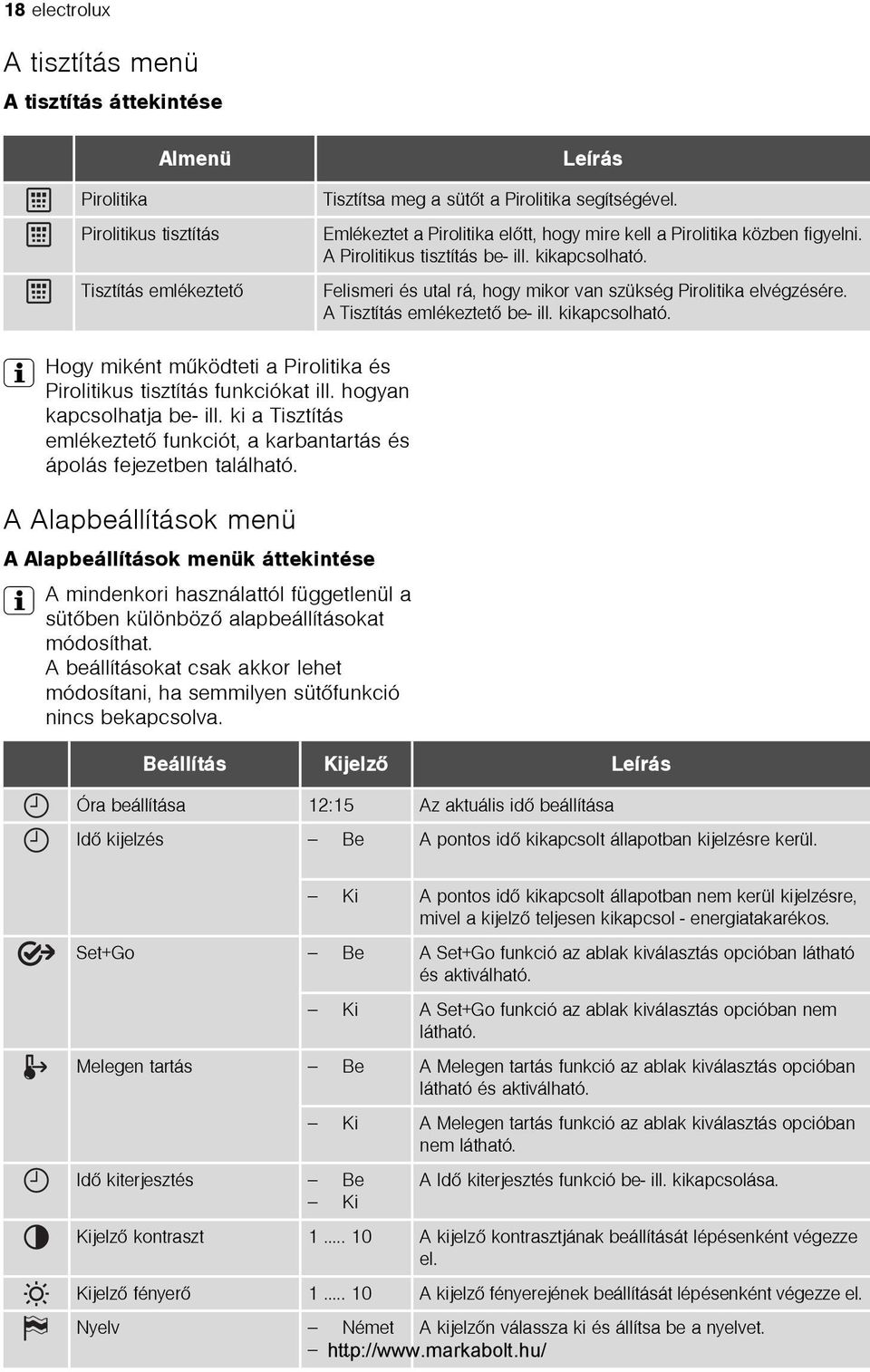 A Tisztítás emlékeztetõ be- ill. kikapcsolható. 3 Hogy miként mûködteti a Pirolitika és Pirolitikus tisztítás funkciókat ill. hogyan kapcsolhatja be- ill.