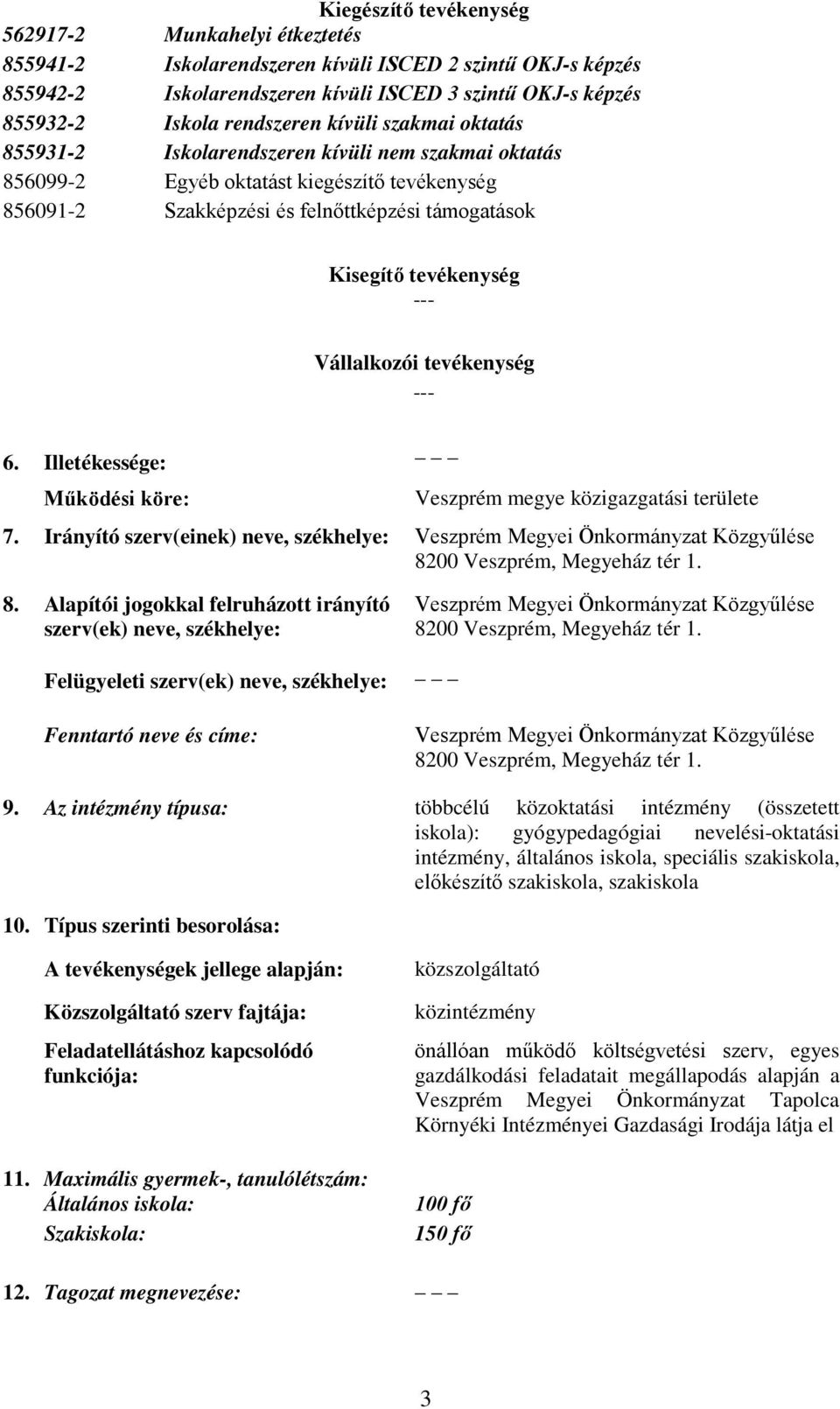 tevékenység --- Vállalkozói tevékenység --- 6. Illetékessége: Működési köre: Veszprém megye közigazgatási területe 7.