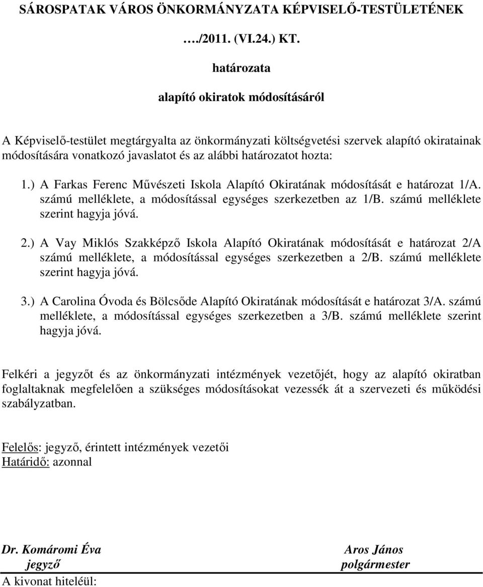 hozta: 1.) A Farkas Ferenc Mővészeti Iskola Alapító Okiratának módosítását e határozat 1/A. számú melléklete, a módosítással egységes szerkezetben az 1/B. számú melléklete szerint hagyja jóvá. 2.