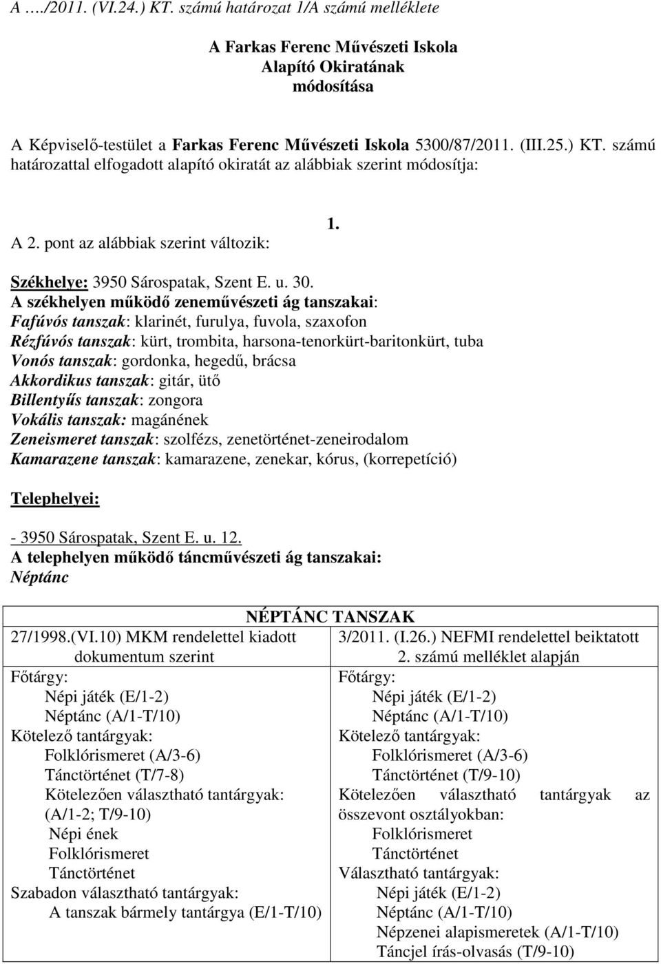 A székhelyen mőködı zenemővészeti ág tanszakai: Fafúvós tanszak: klarinét, furulya, fuvola, szaxofon Rézfúvós tanszak: kürt, trombita, harsona-tenorkürt-baritonkürt, tuba Vonós tanszak: gordonka,