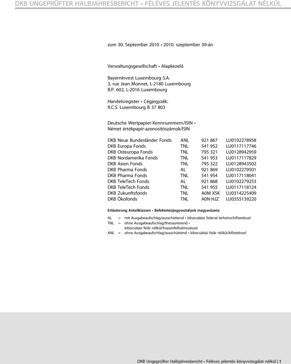Luxembourg B 37 803 Deutsche Wertpapier-Kennnummern/ISIN Német értékpapír-azonosítószámok/isin DKB Neue Bundesländer Fonds ANL 921 867 LU0102278958 DKB Europa Fonds TNL 541 952 LU0117117746 DKB
