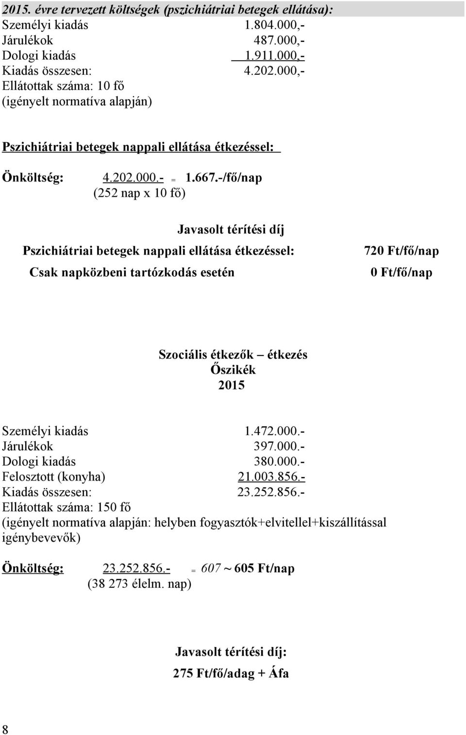 -/fő/nap (252 nap x 10 fő) Javasolt térítési díj Pszichiátriai betegek nappali ellátása étkezéssel: Csak napközbeni tartózkodás esetén 720 Ft/fő/nap 0 Ft/fő/nap Szociális étkezők étkezés Őszikék 2015