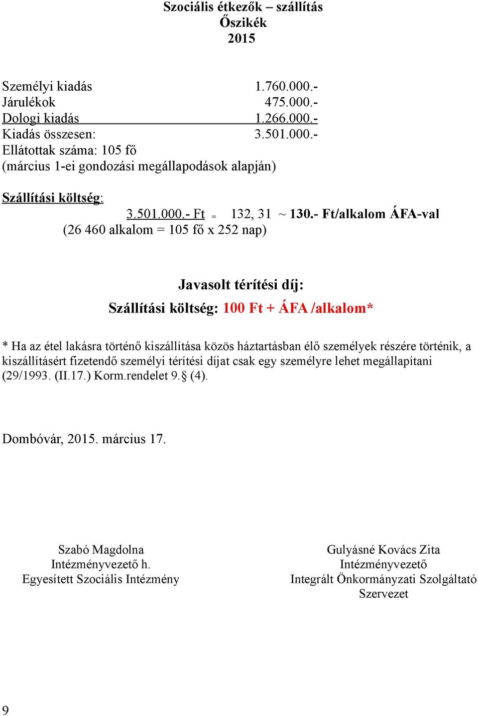 - Ft/alkalom ÁFA-val (26 460 alkalom = 105 fő x 252 nap) Javasolt térítési díj: Szállítási költség: 100 Ft + ÁFA /alkalom* * Ha az étel lakásra történő kiszállítása közös háztartásban élő