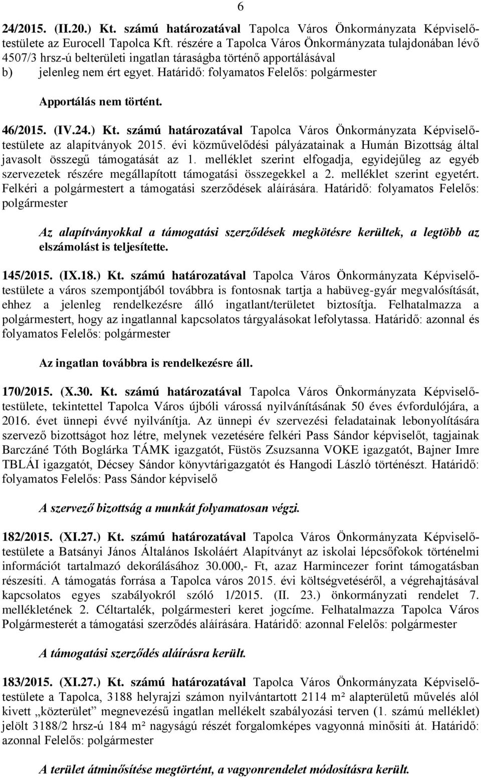 Határidő: folyamatos Felelős: polgármester Apportálás nem történt. 46/2015. (IV.24.) Kt. számú határozatával Tapolca Város Önkormányzata Képviselőtestülete az alapítványok 2015.