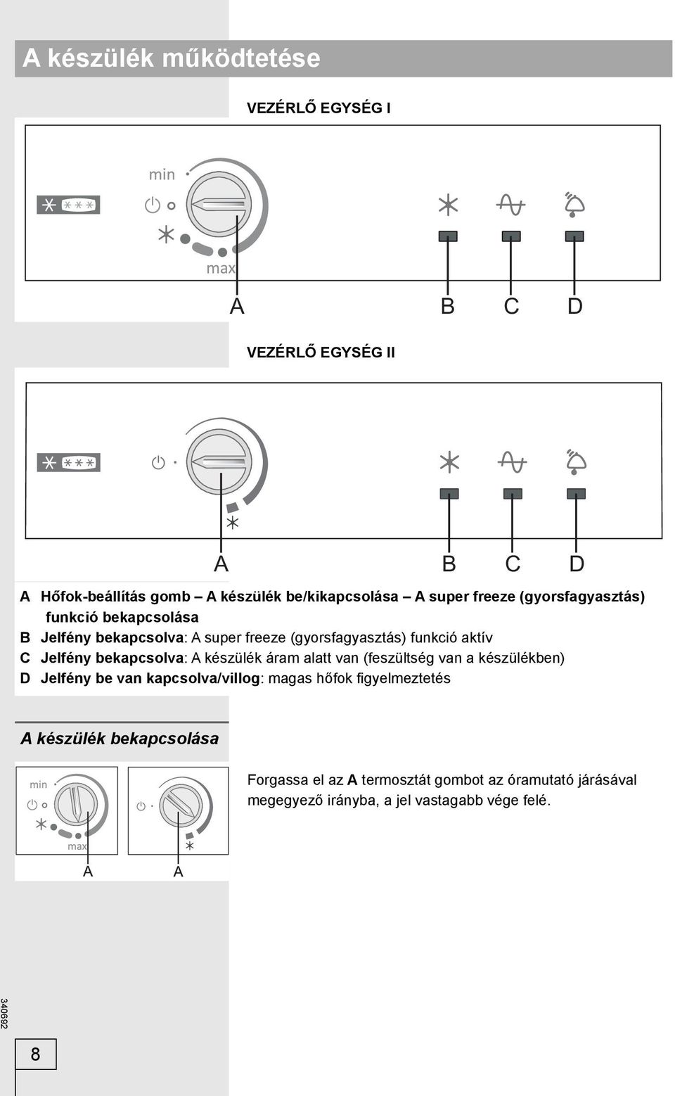 bekapcsolva: A készülék áram alatt van (feszültség van a készülékben) D Jelfény be van kapcsolva/villog: magas hőfok