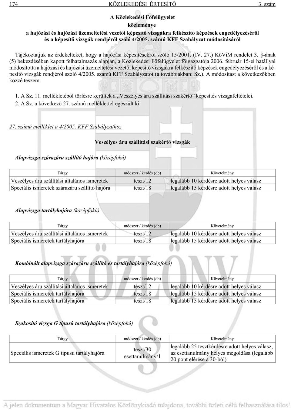 vizsgák rendjérõl szóló 4/2005. szá mú KFF Sza bály zat mó do sí tá sá ról Tá jé koz tat juk az ér de kel te ket, hogy a ha jó zá si ké pe sí té sek rõl szó ló 15/2001. (IV. 27.) Kö ViM ren de let 3.