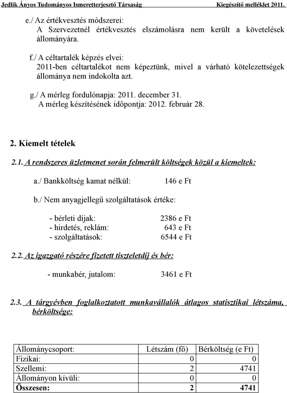 A mérleg készítésének időpontja: 2012. február 28. 2. Kiemelt tételek 2.1. A rendszeres üzletmenet során felmerült költségek közül a kiemeltek: a./ Bankköltség kamat nélkül: 146 e Ft b.