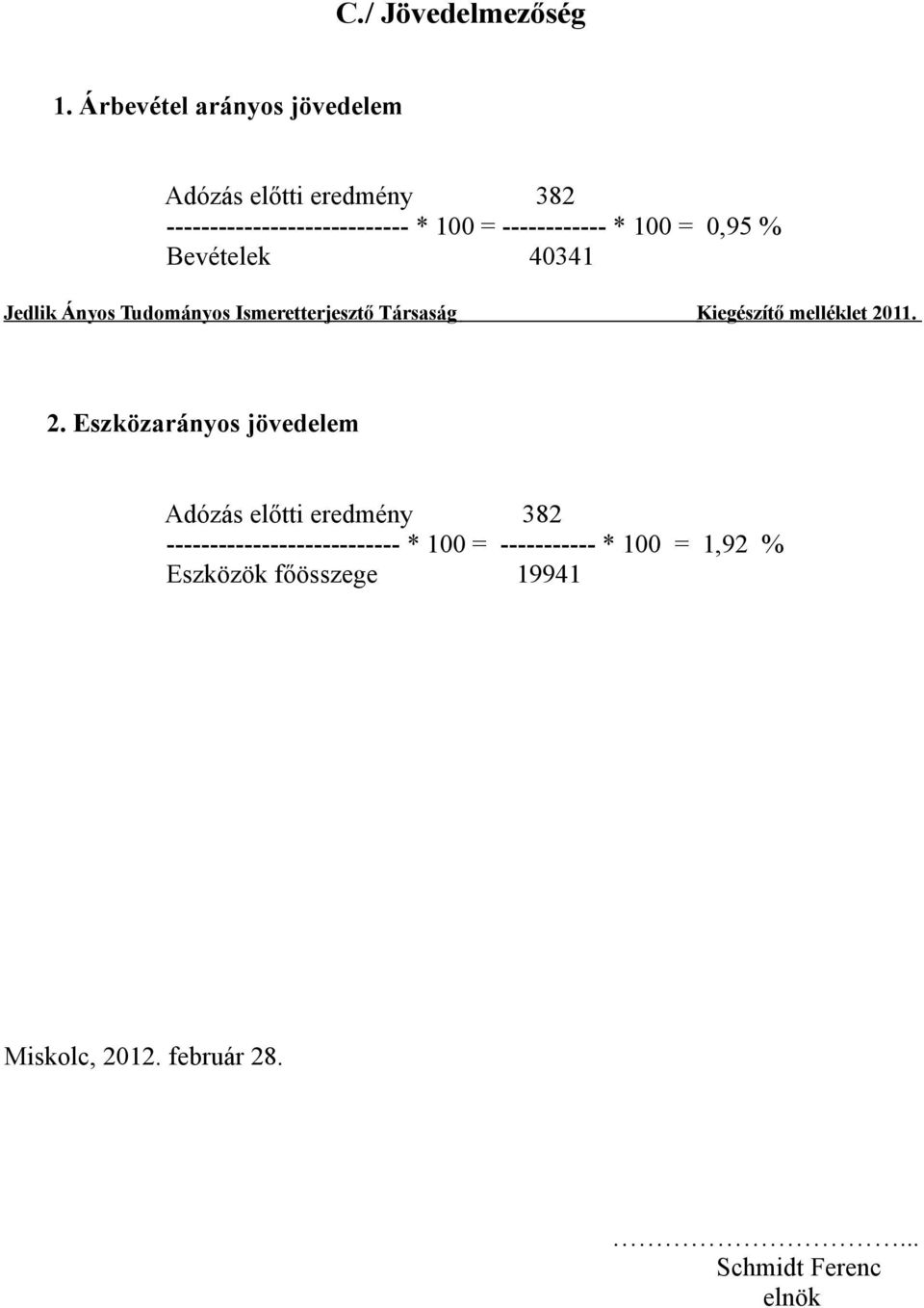 * 100 = 0,95 Bevételek 40341 Jedlik Ányos Tudományos Ismeretterjesztő Társaság Kiegészítő melléklet 2011.