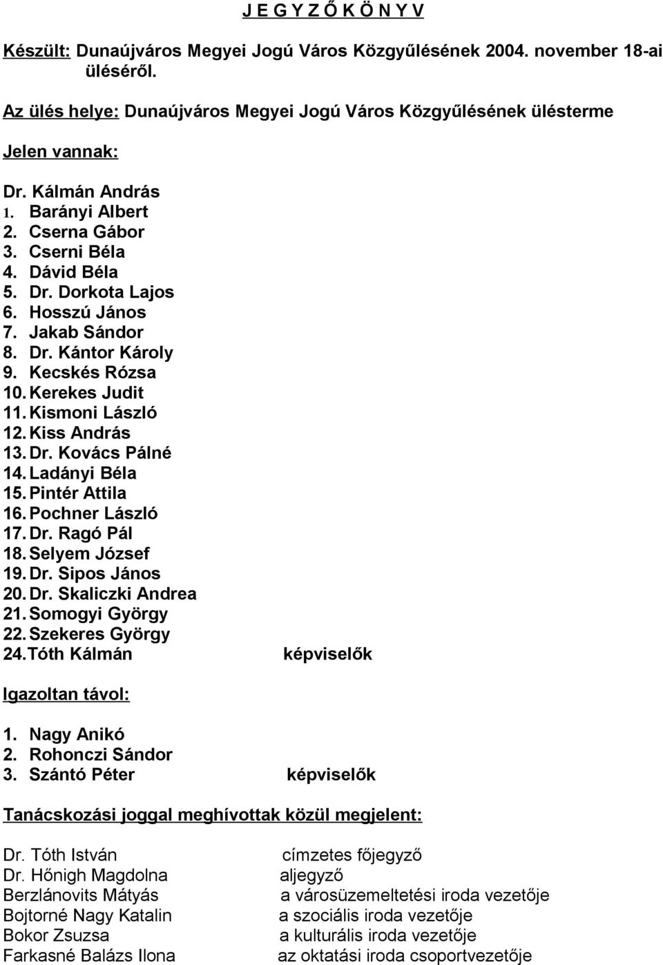 Kismoni László 12. Kiss András 13. Dr. Kovács Pálné 14. Ladányi Béla 15. Pintér Attila 16. Pochner László 17.Dr. Ragó Pál 18. Selyem József 19. Dr. Sipos János 20. Dr. Skaliczki Andrea 21.