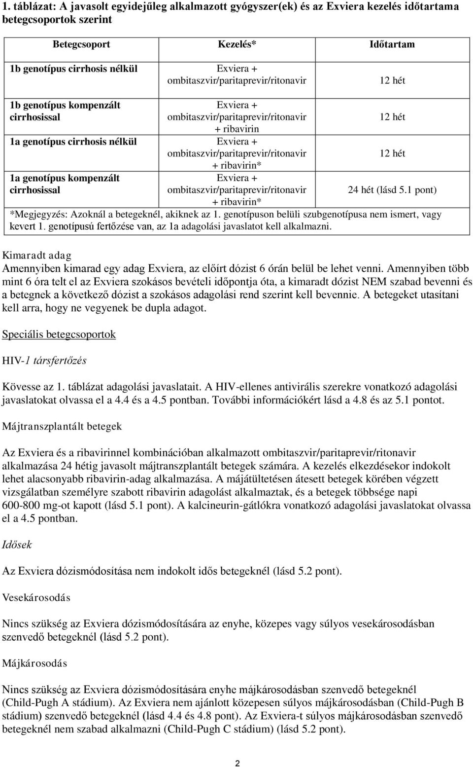 1 pont) *Megjegyzés: Azoknál a betegeknél, akiknek az 1. genotípuson belüli szubgenotípusa nem ismert, vagy kevert 1. genotípusú fertőzése van, az 1a adagolási javaslatot kell alkalmazni.