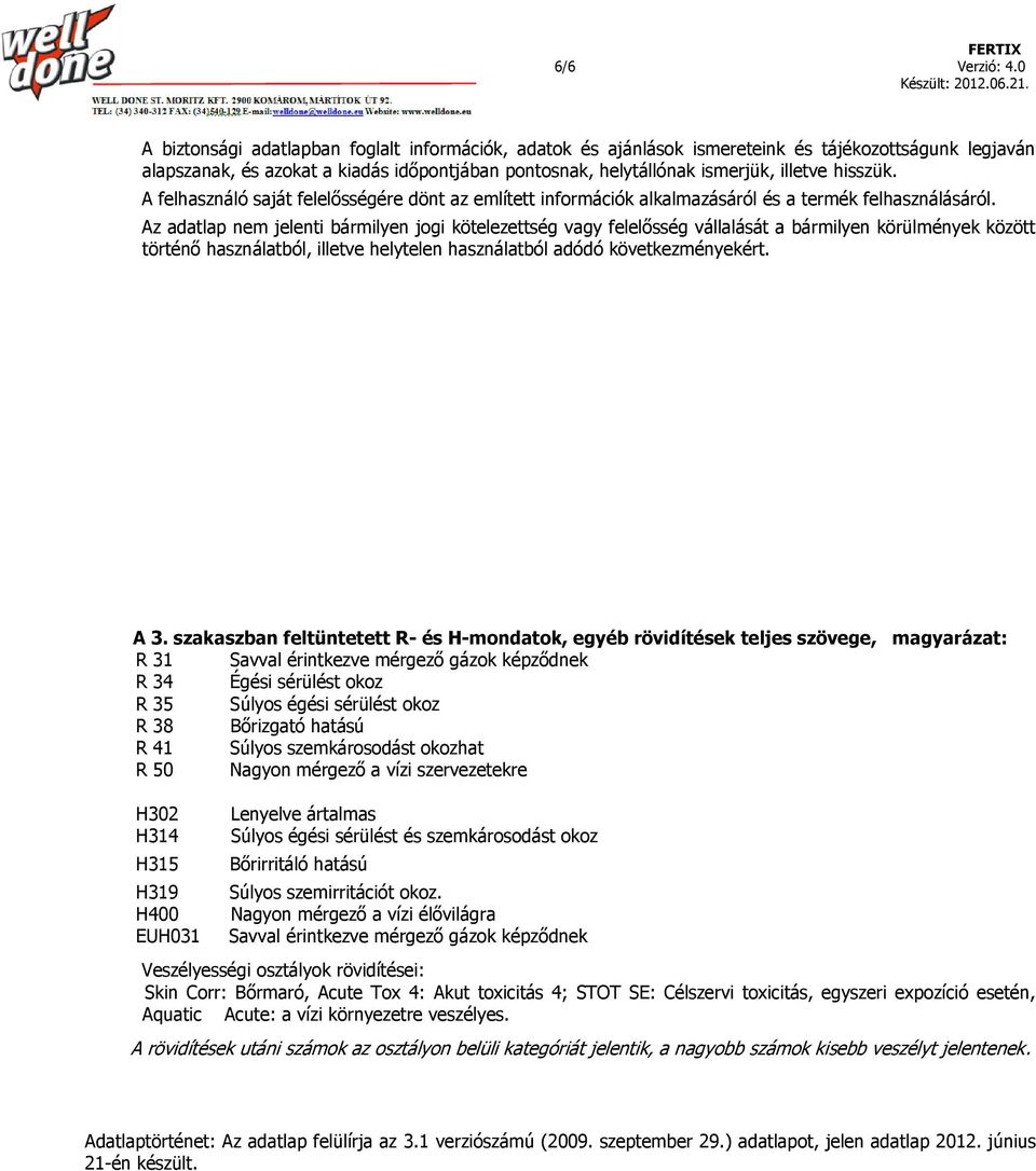 Az adatlap nem jelenti bármilyen jogi kötelezettség vagy felelősség vállalását a bármilyen körülmények között történő használatból, illetve helytelen használatból adódó következményekért. A 3.