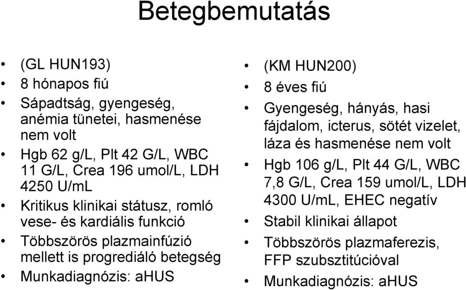 Munkadiagnózis: ahus (KM HUN200) 8 éves fiú Gyengeség, hányás, hasi fájdalom, icterus, sötét vizelet, láza és hasmenése nem volt Hgb 106 g/l, Plt