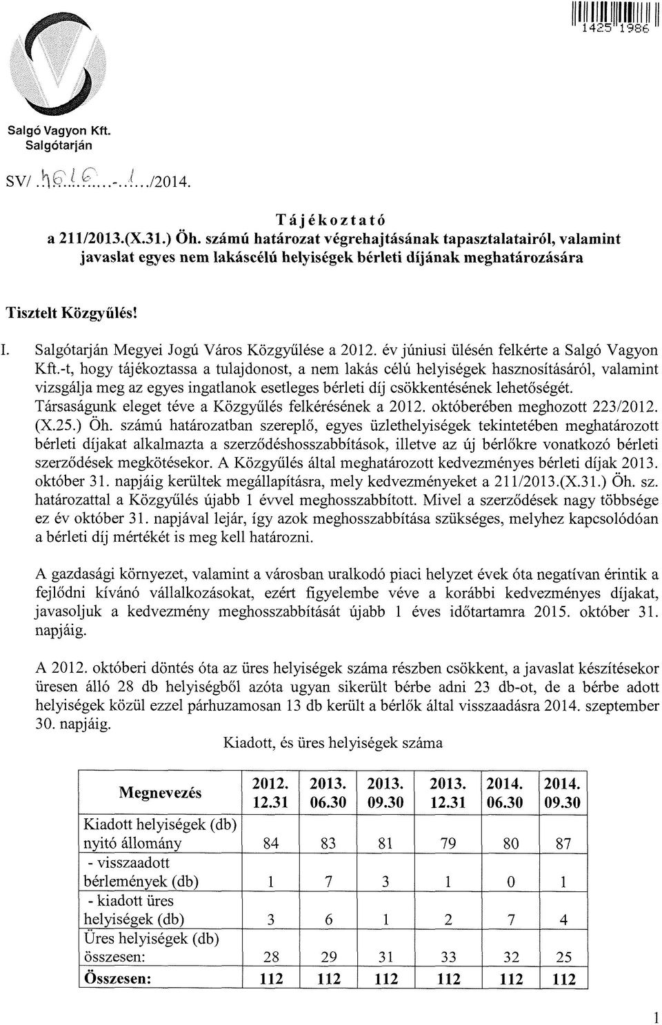 Salgótarján Megyei Jogú Város Közgyűlése a 2012. év júniusi ülésén felkérte a Salgó Vagyon Kft.