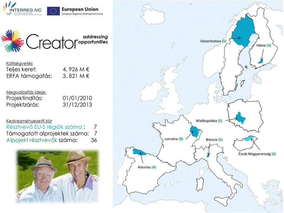 Projektindítás: 01/01/2010 Projektzárás: 31/12/2013 Kedvezményezetti kör Résztvevő EU-S régiók száma : 7