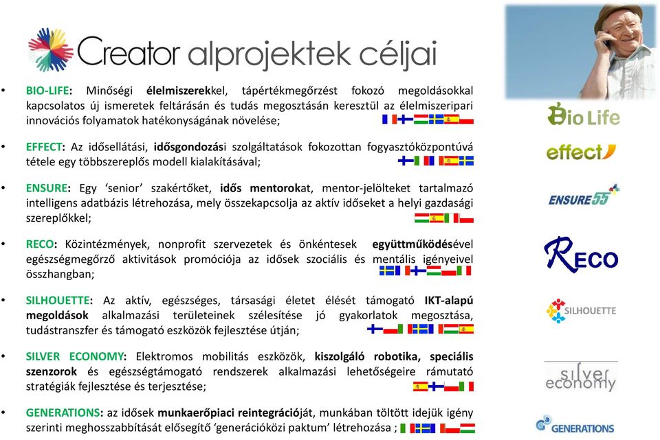 szakértőket, idős mentorokat, mentor-jelölteket tartalmazó intelligens adatbázis létrehozása, mely összekapcsolja az aktív időseket a helyi gazdasági szereplőkkel; RECO: Közintézmények, nonprofit